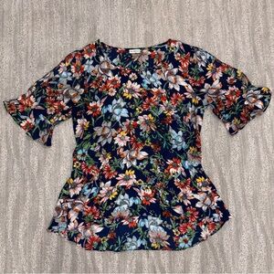 Sioni Floral 1/2 Split Sleeve Blouse Navy Boho Classic Preppy Women’s Sz M